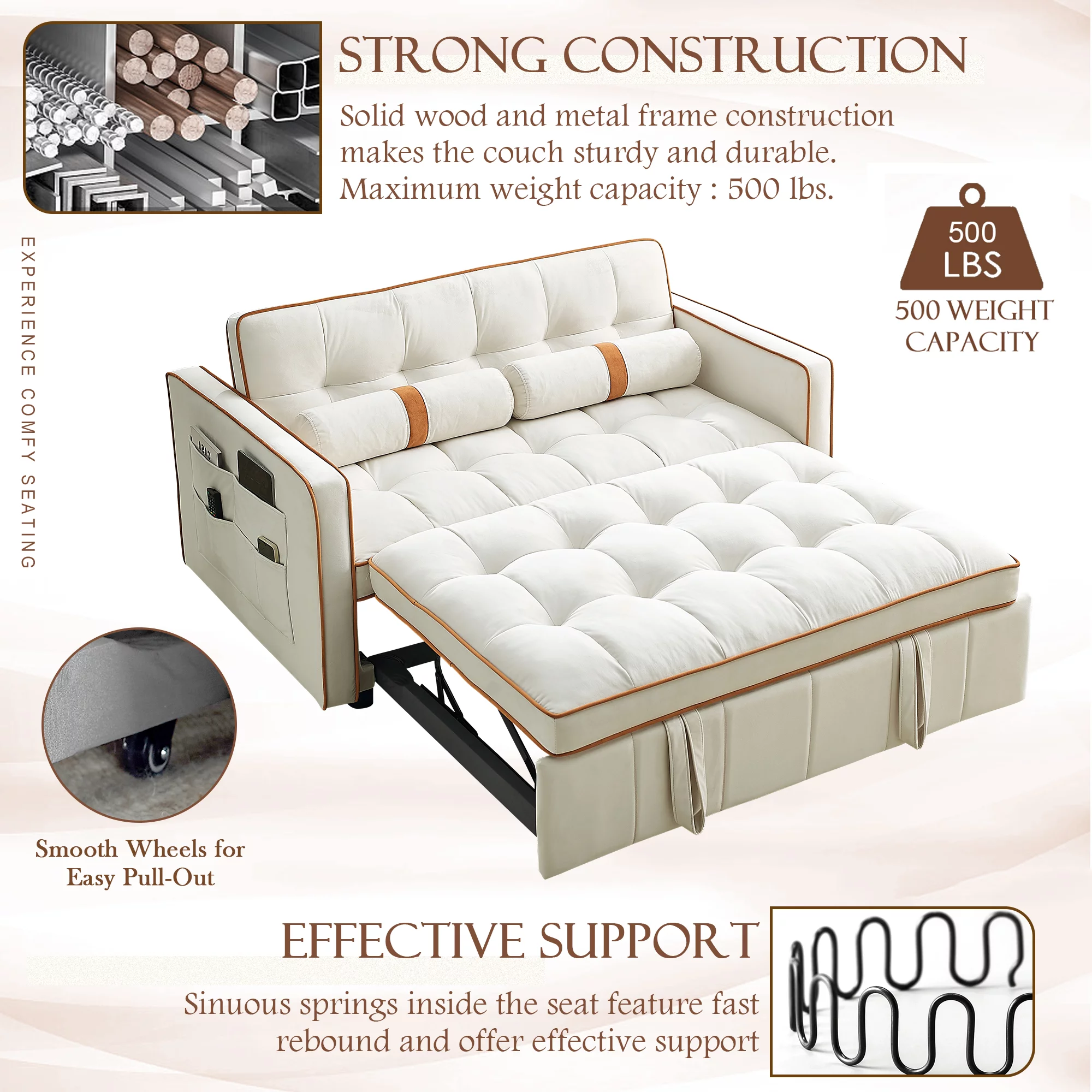 KINFFICT Futon Sofa Bed, Convertible Sleeper Sofa Bed with Pull Out Couch, Modern Velvet Loveseat Sleeper, Small Couch for Living Room, Beige