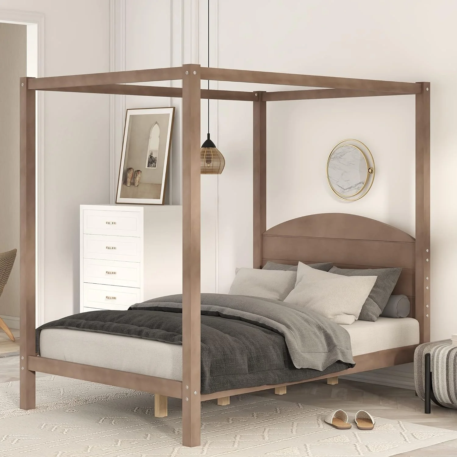 Canopy Bed Frame Full Size, 4-Post Canopy Platform Bed Frame With Headboard And Support Legs, Solid Wood Full Bed Frame For Kids Teens Adults, No Box Spring Needed (Full, Brown Wash)