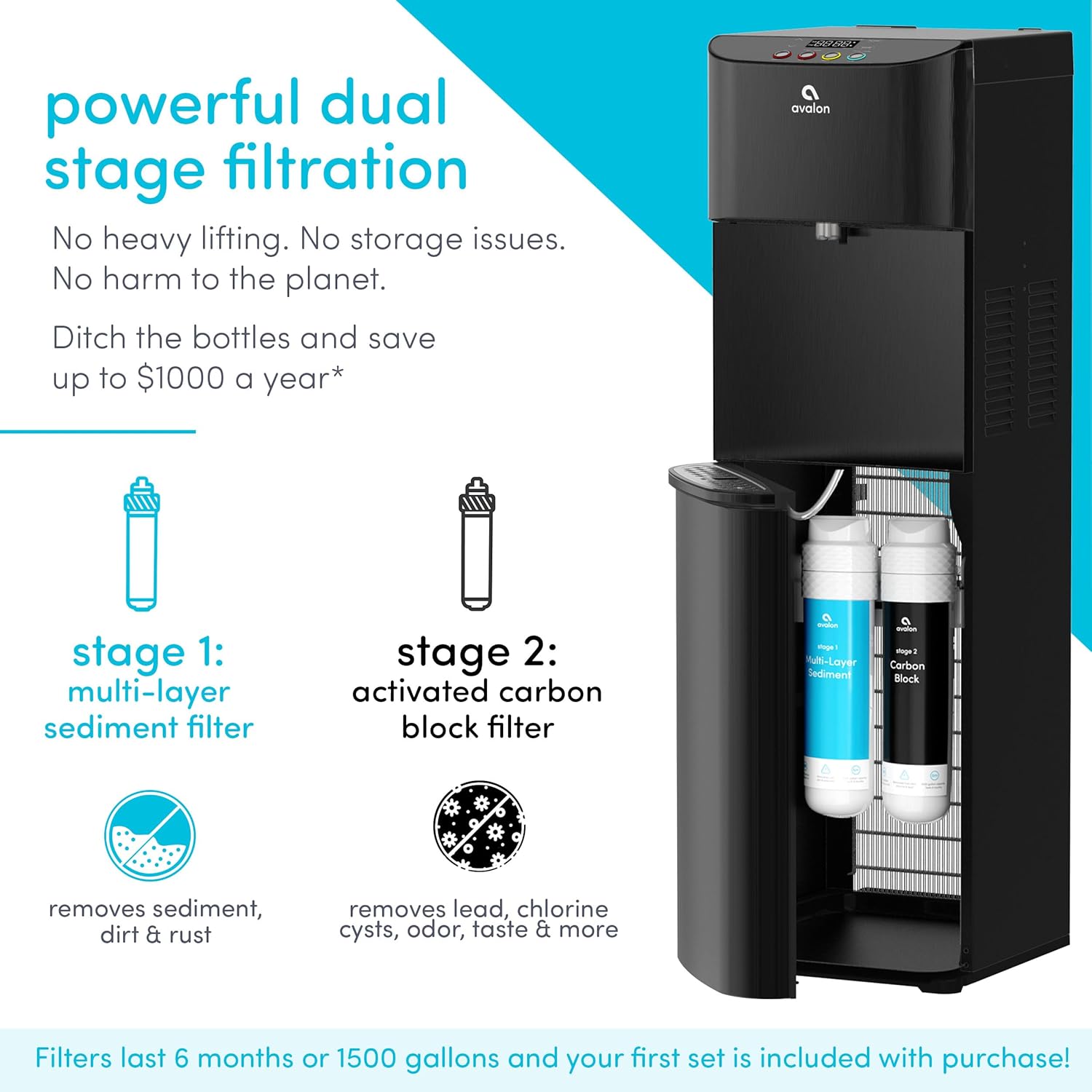 Avalon A13BLK Electric Bottleless Cooler Water Dispenser-3, Digital Clock with Temperature Control, Self Cleaning, Black Stainless Steel