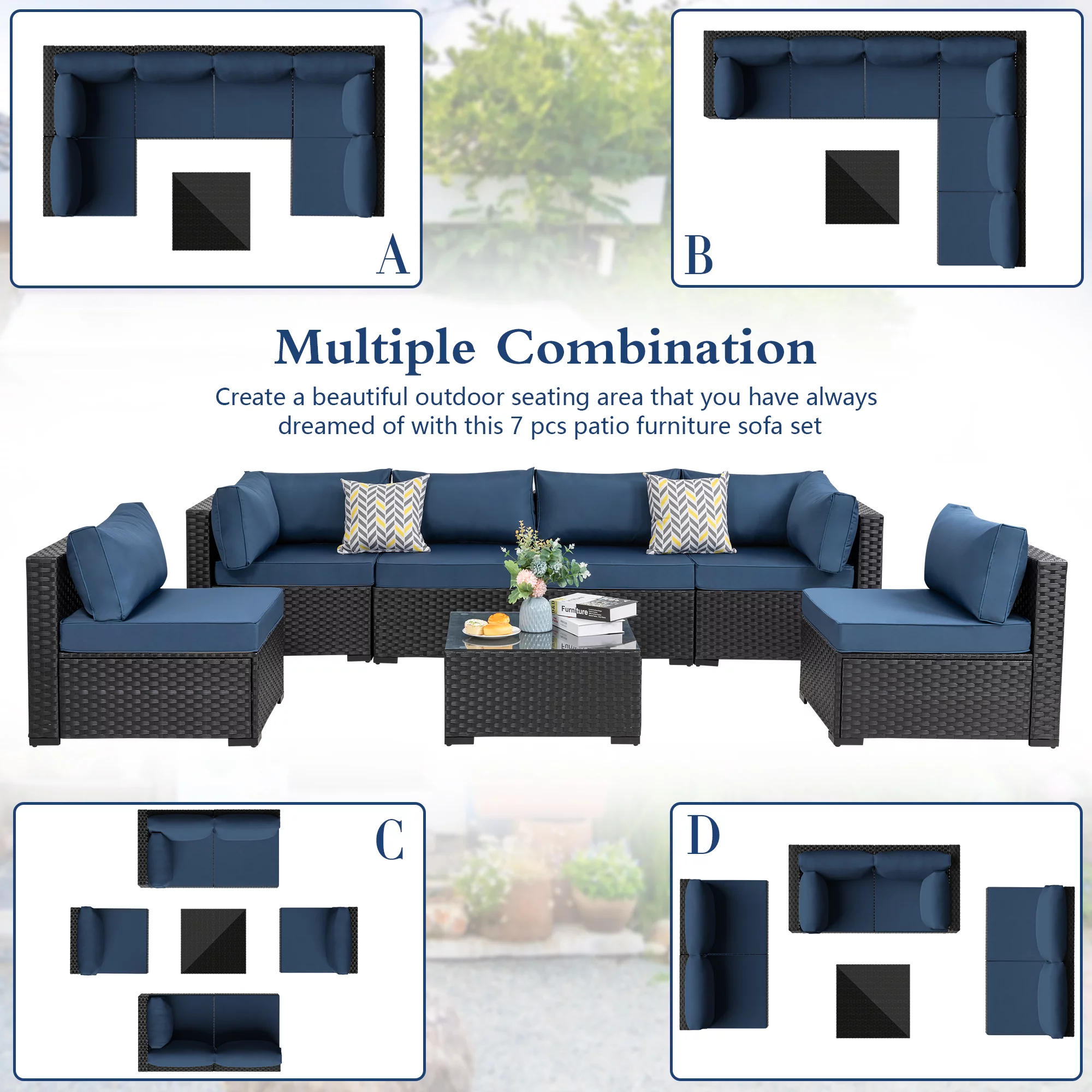 Walsunny 7 Pieces Patio Outdoor Furniture Sets,All-Weather Rattan Sectional Sofa with Tea Table&Washable Couch Cushions Aegean Blue
