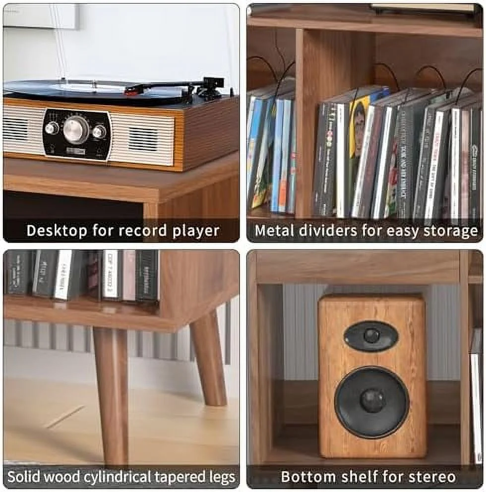 TJBOLIFE Mid-Century Record Player Stand with  Vinyl Record Cabinet Record Player Table with Power Outlet Turntable Stand Large Record Holder Holds for Bedroom Living Room