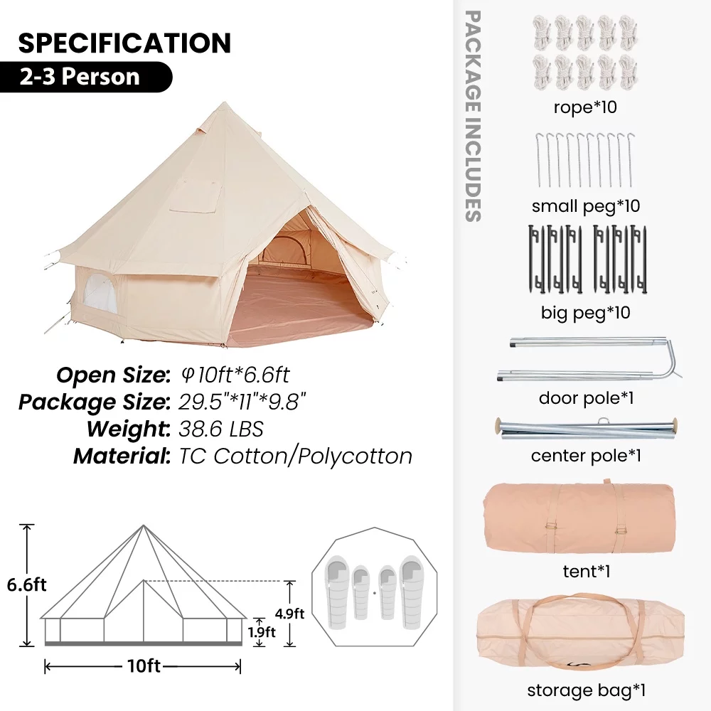 TOMOUNT Canvas Tent Bell Tent Yurt with Stove Jack Zipped Floor for Glamping 10ft/3m Dia 38LBS