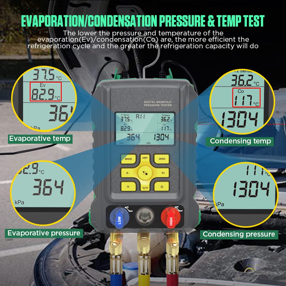HVAC Gauges 93 Refrigerant Detection Digital Manifold Gauge Set HVAC Pressure&Temp Test HVAC Manifold Upgraded Ball Valve Digital Refrigerant Gauges with 3.5" LCD Display, Refrigerant Hoses,Temp Clips