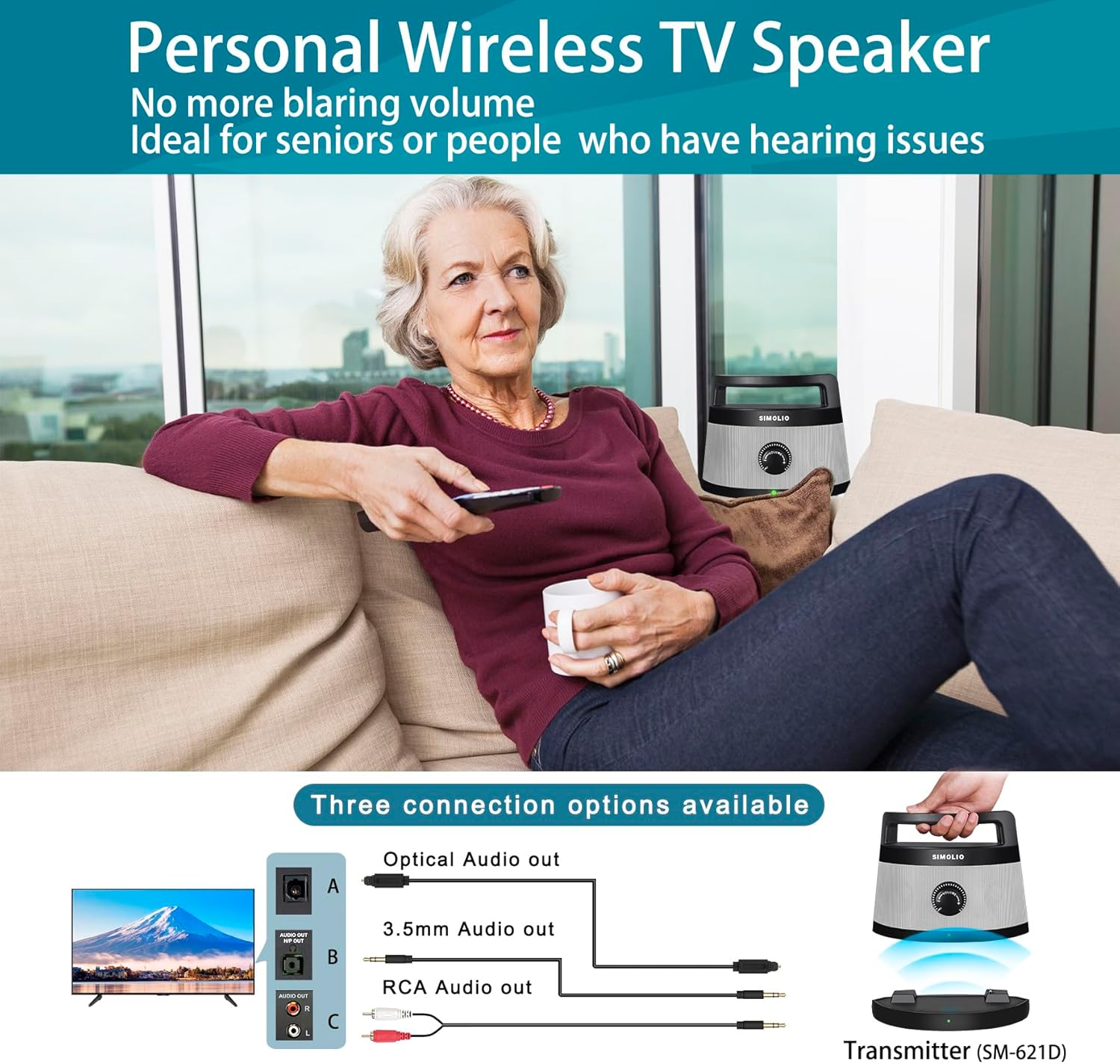 SIMOLIO Wireless Speakers for TV, Portable, Assistive, Clarifying Dialog TV Speaker for Hard of Hearing & Seniors, Gifts for Elderly, Compatible with Optical/RCA/Headphone Ported TV, No Delay, SM621D