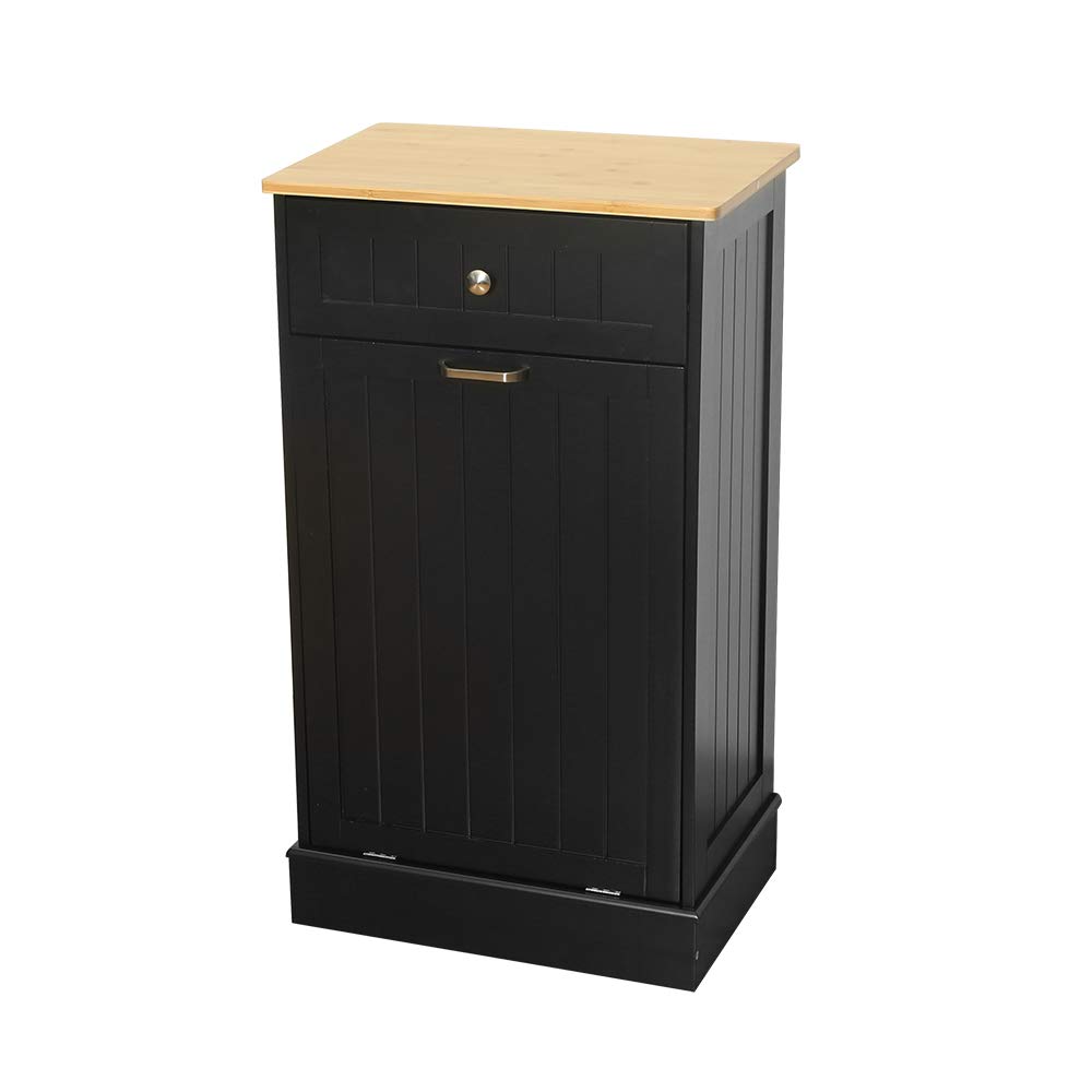 U-Eway Wooden Tilt Out Trash Cabinet Free Standing Kitchen Trash Can Holder or Recycling Cabinet with Hideaway Drawer, Removable Cutting Board (White)
