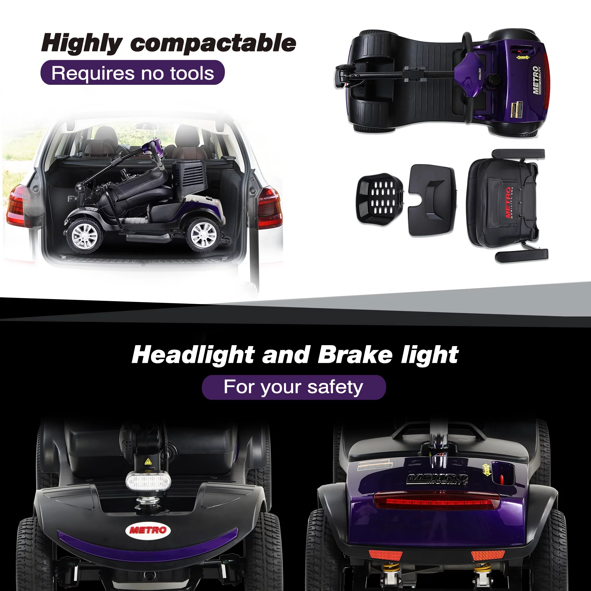 Travel Mobility Scooter, Heavy Duty Electric Scooters with 4 Anti-Tip Wheels, Compact Lightweight Mobility Scooters for Senior Adults Elderly, Foldable Mobility Scooter, Holds 300lbs, Purple