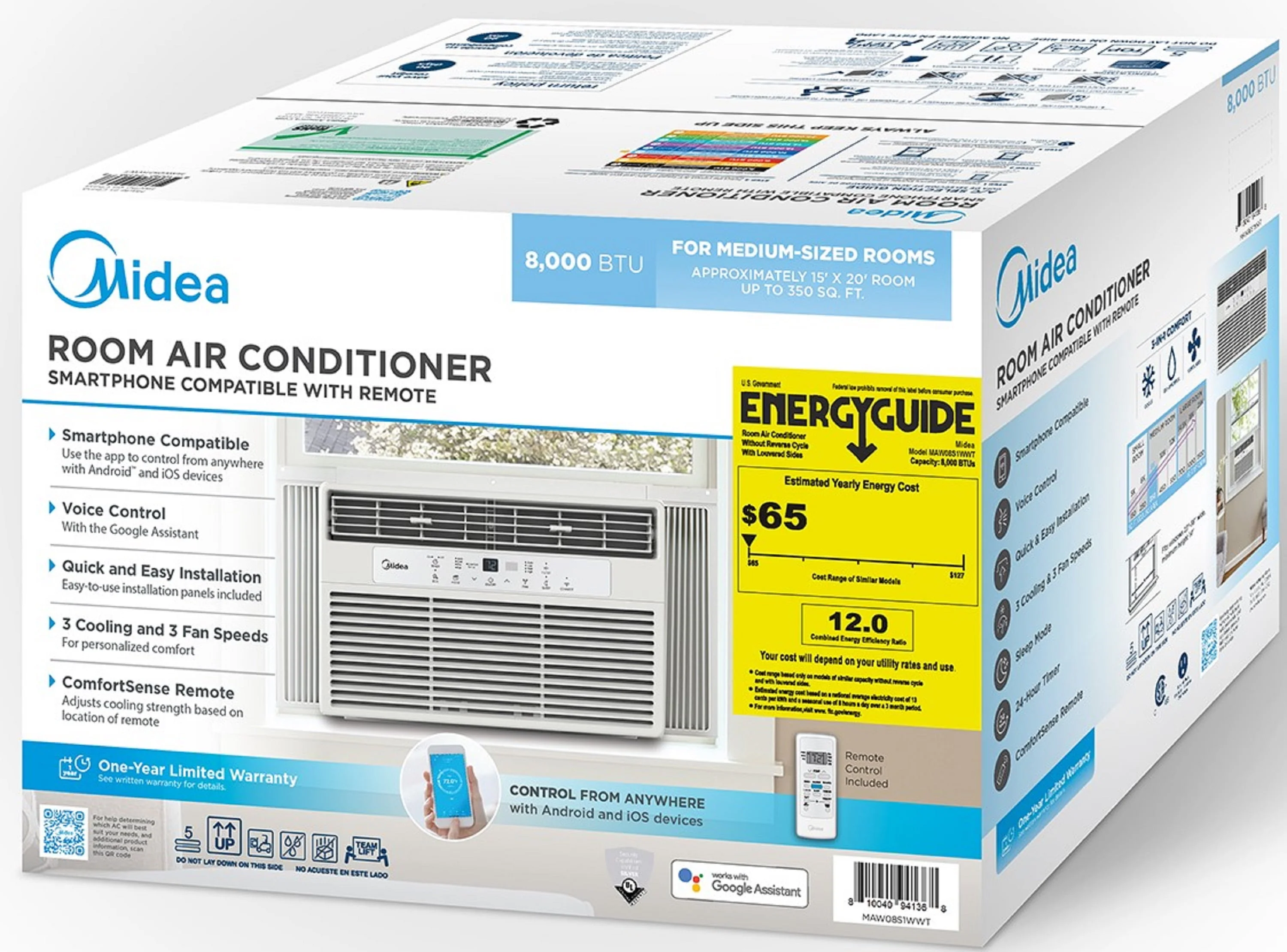 Midea 8,000 BTU 115V Smart Window Air Conditioner with Comfort Sense Remote, Covers up to 350 Sq. ft., White, MAW08S1DWWT