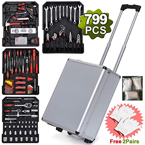 Ochine Aluminum Trolley Case Tool Set Household Tool Kit with Rolling Tool Box, Silver Household Hand Tool Sets House Repair Kit Home Tool Bag Storage Tool Box with Tools for Indoor and Outdoor Use