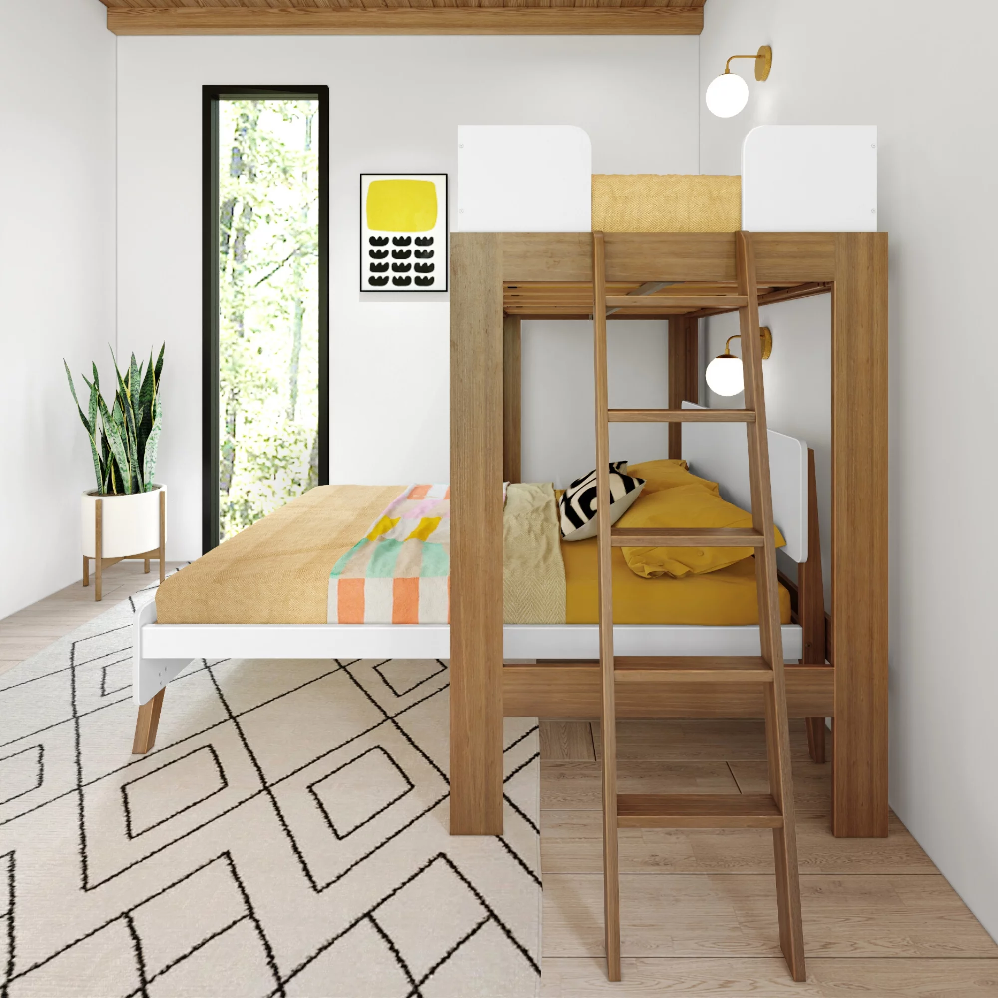 Max & Lily Twin over Full L-Shaped Bunk Bed, Mid-Century Modern Bunk Solid Wood Bunk for Kids, White/Pecan