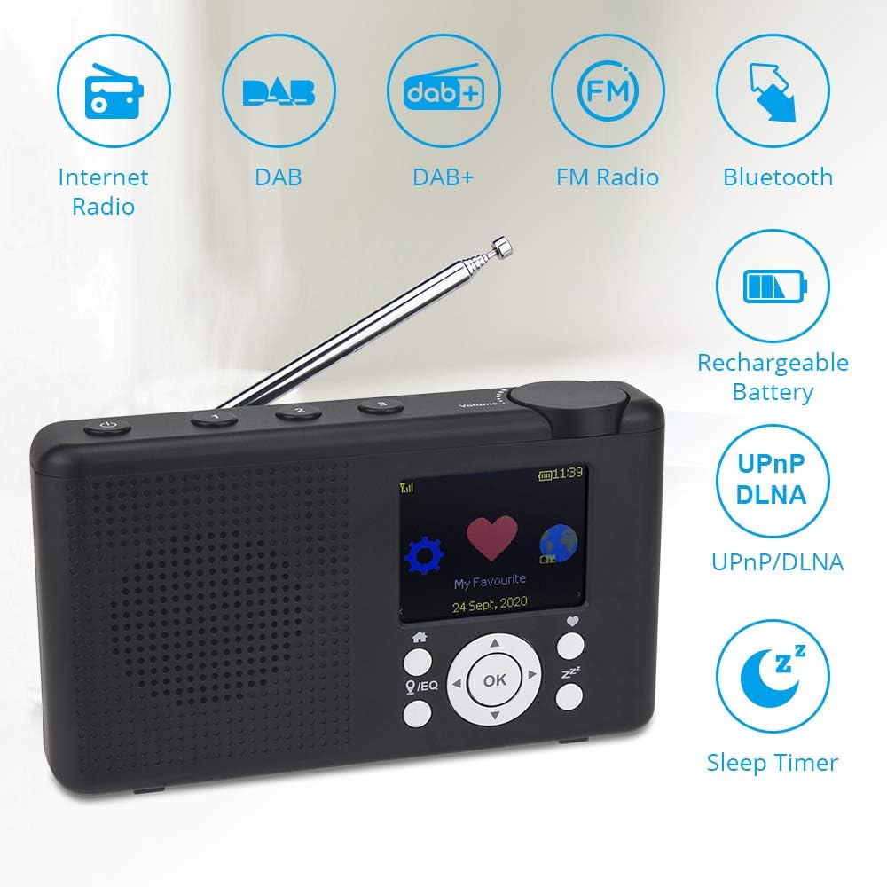 Ocean Digital WR-23D Portable FM Internet Radio 2.4” Color LCD Built-in Battery Wi-Fi Bluetooth UPnP & DLNA Player (Black) Pack of 2