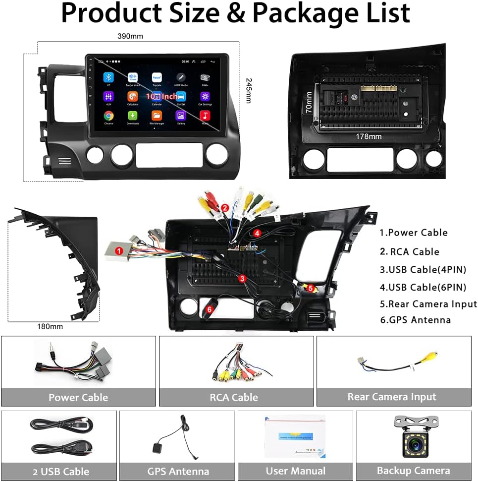 for Honda Civic Car Stereo 10.1 Inch Android Head Unit for Civic 2006-2011 Touch Screen Car Radio with Navigation Bluetooth FM WiFi USB SWC+Backup Camera
