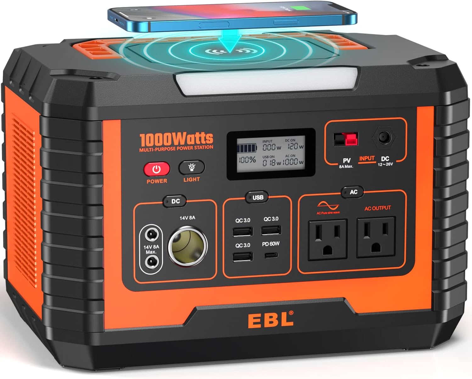 EBL Portable Power Station Voyager 1000, 110V/1000W Solar Generator, 999Wh/270000mAh High Lithium Battery, with 2 x AC Outlets, 3 x QC3.0 USB, and PD60W port for Outdoor Camping, Home Emergency, RV/Van