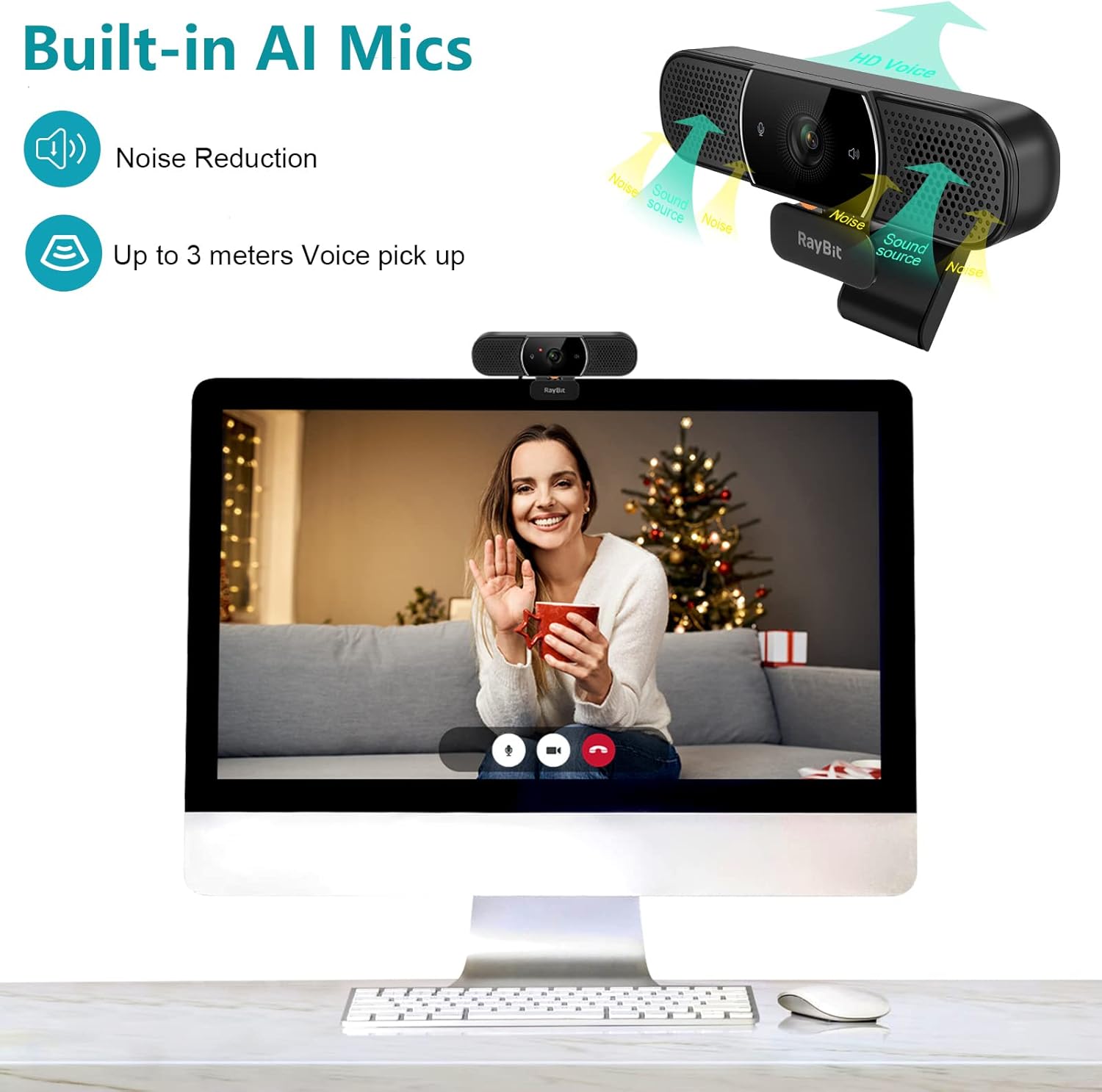 3 in 1 Webcam - Webcam with Microphone and Speaker, Professional Hi-Fi Speakers & Noise Reduction Mic Arrays, Built-in Privacy Cover & w/Light Correction & Autofocus Conference Computer Camera Pack of 2