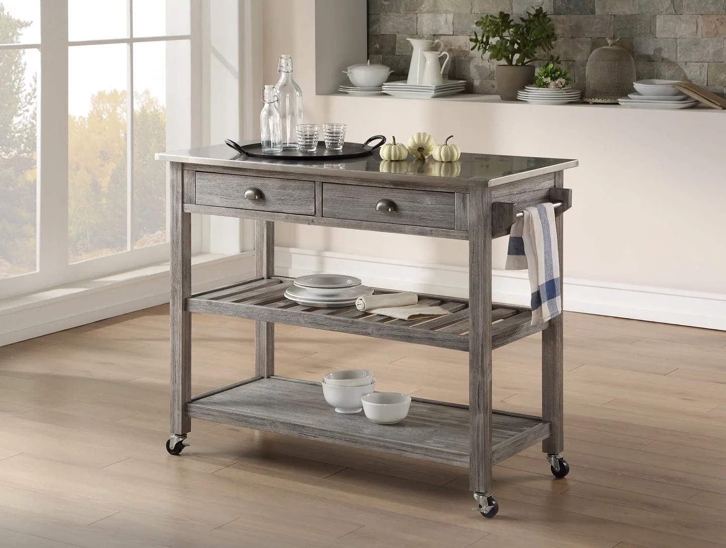 Boraam Sonoma Wood Kitchen Cart with Stainless Steel Top - Storm Grey Wire-Brush Finish