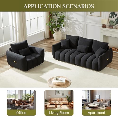 2 Piece Teddy Cloud Sofa Couch Set, Modern Deep Seat 3 Seater Boucle Sofa & Single Sofa Chair, Cozy Upholstered Sherpa Living Room Furniture Set for Apartment Office, Black