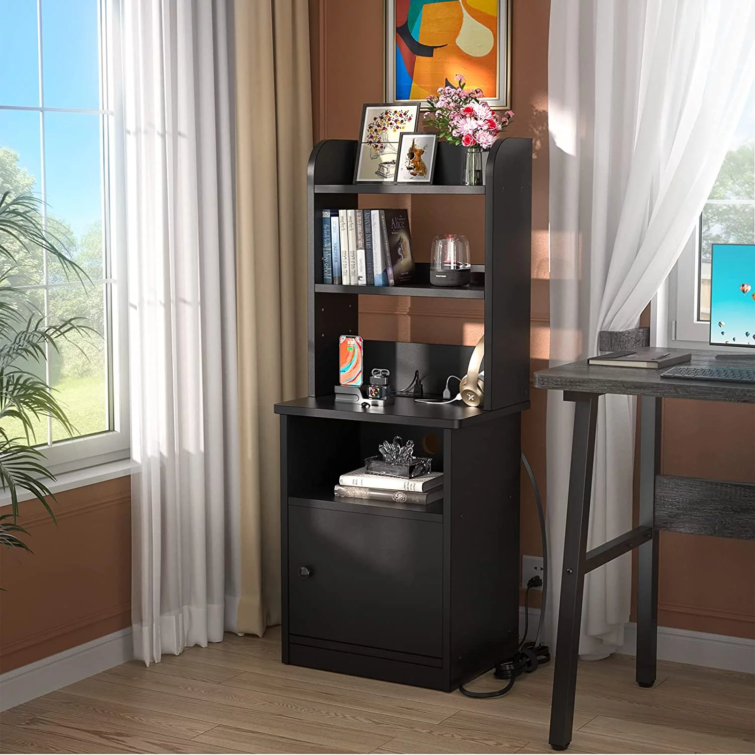 Homieasy Nightstands Set of 2 with Charging Station and USB Ports, 47" Tall Bedside Table with Adjustable Bookshelf, Modern End Table Side Table with Storage for Bed Room, Living Room, Black - Curated Treasures Market