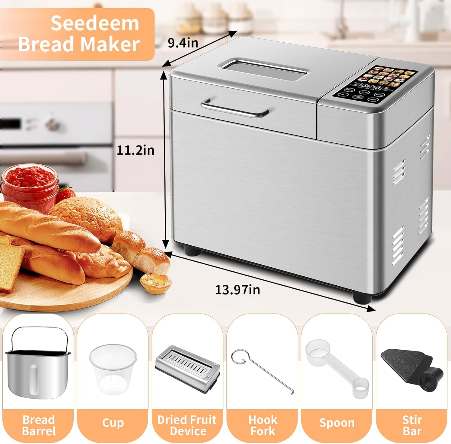 SEEDEEM 16 in 1 Bread Machine, 2.2LB Stainless Steel Bread Maker with Fruit and Nut Dispenser, Nonstick Ceramic Pan, 3 Crust Colors, 3 Loaf Sizes & Touch Panel Recipes, Silver