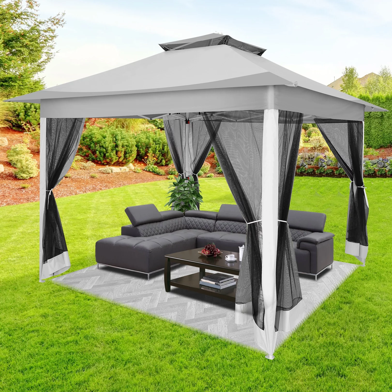 SANOPY 12x12FT Outdoor Gazebo Pop Up Gazebo with Mosquito Netting, Instant Patio Canopy Tent for Shade and Rain, 2 Tiered Vente Gazebo Canopy UPF 50+ for Garden Backyard with Carry Bag&4 Sandbags