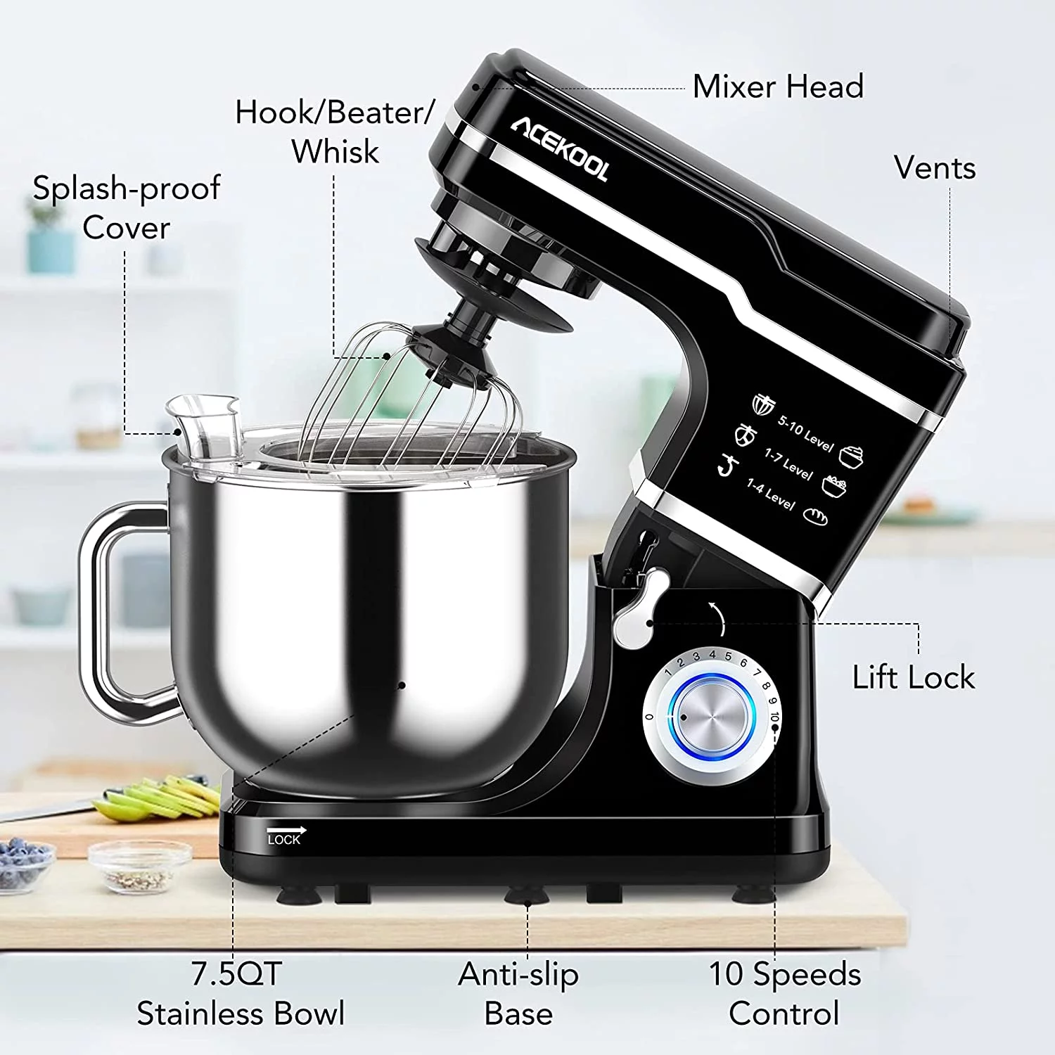 Stand Mixer, 7.5QT 660W Electric Dough Mixer, Kitchen 10-Speed Tilt-Head Food Mixer for Baking&Cake, with Stainless Steel Bowl, Whisk, Dough Hook, Beater, Splash Guard(RED) MC1 - Curated Treasures Market
