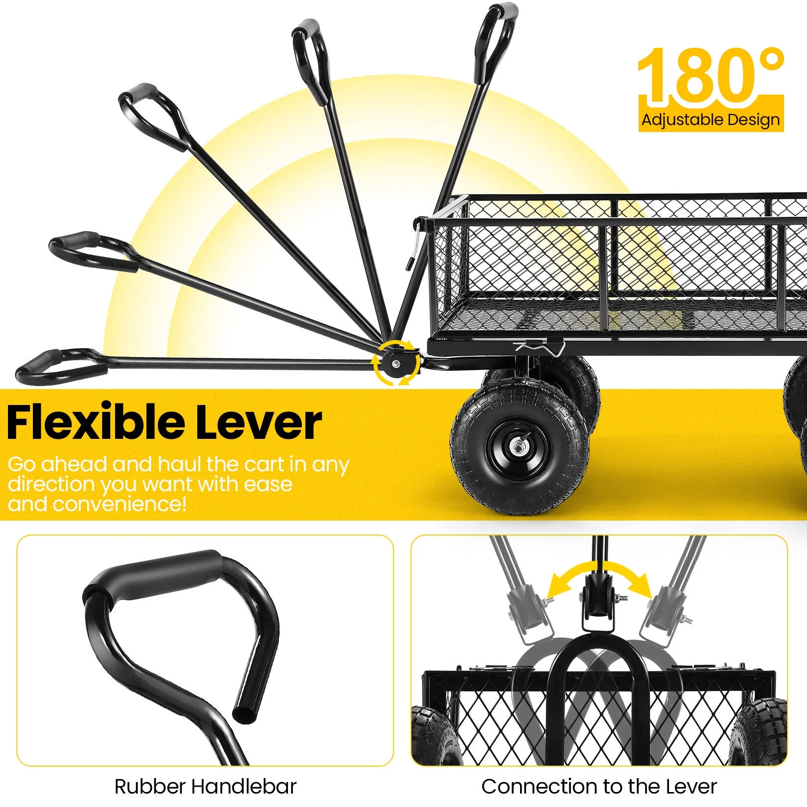 Funcid Steel Garden Cart, Heavy Duty 660 LBS Capacity, with Removable Mesh Sides to Convert into Flatbed, Utility Metal Wagon with 180° Rotating Handle and 10" Tires, Perfect for Garden, Farm, Yard