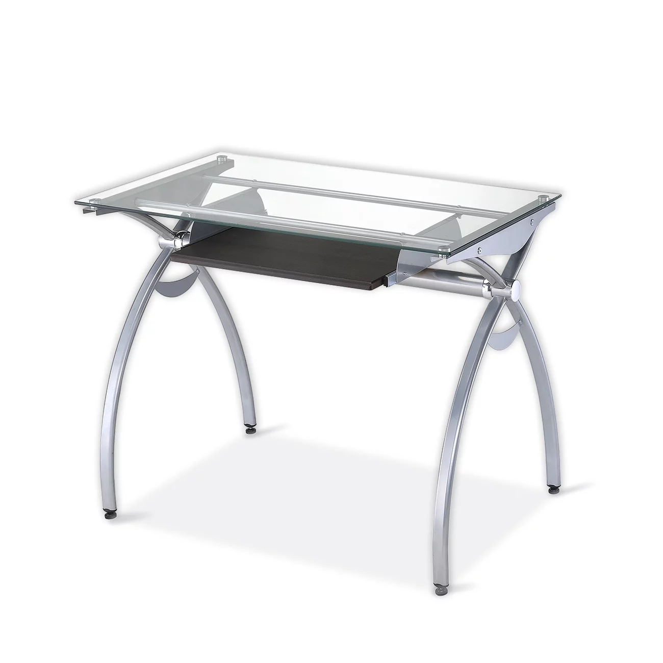 Techni Mobili Glass Top Computer Desk with Keyboard Tray & Silver Legs for Home Office or Study