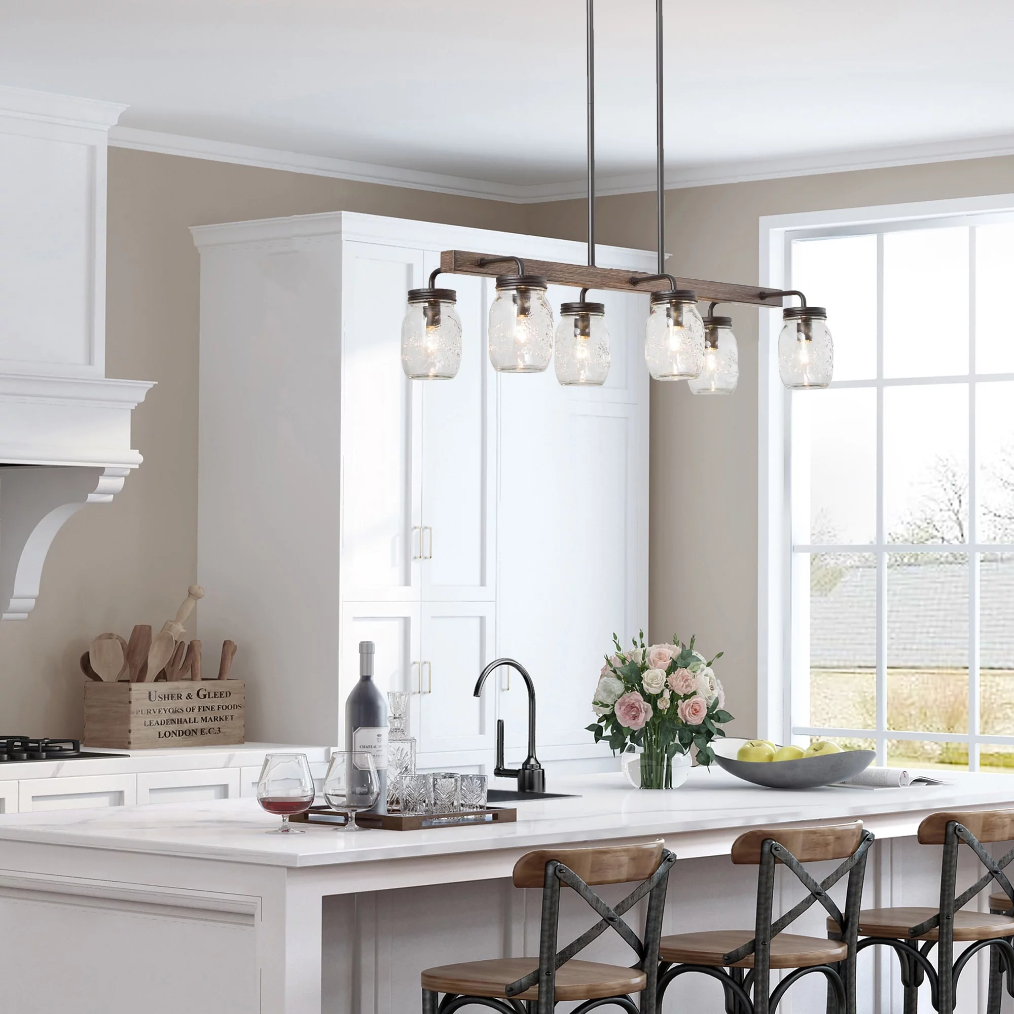 Modern Farmhouse 6-Light Chandelier Glass Bar Kitchen Island Lights - L27.5" x W11"x H 71.5"