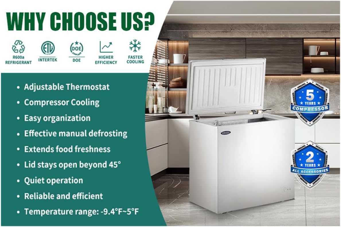 Chest Freezer 7.0 Cu.ft Solid Top Commercial Deep Chest Freezers with Lockable Stay-Open Lid and Convenient Pulley, Perfect for Kitchen Parlor, Small Freezer With Low Noise & Energy Saving