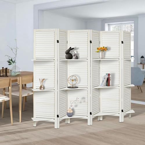 Room Divider with Shelves, Privacy Screen, Room Dividers and Folding Privacy Screens, 5 Panel Wood Temporary Wall Partition Separation Separator, Coconut