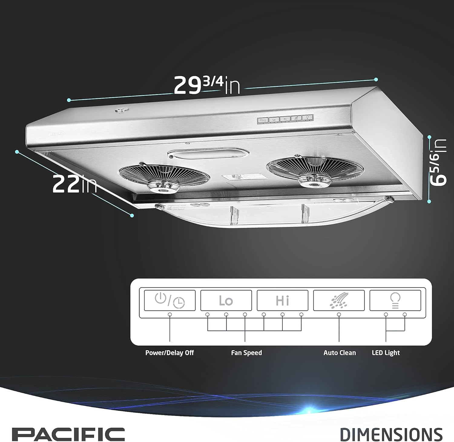 Pacific Kitchen Vent Hood AC30BS – 30 Inch Under Cabinet Range Hood – Filterless Modern Stainless Steel Hood Vent with 900 CFM Suction, Dual Fans, LED Touch Controls and Auto-Clean Function