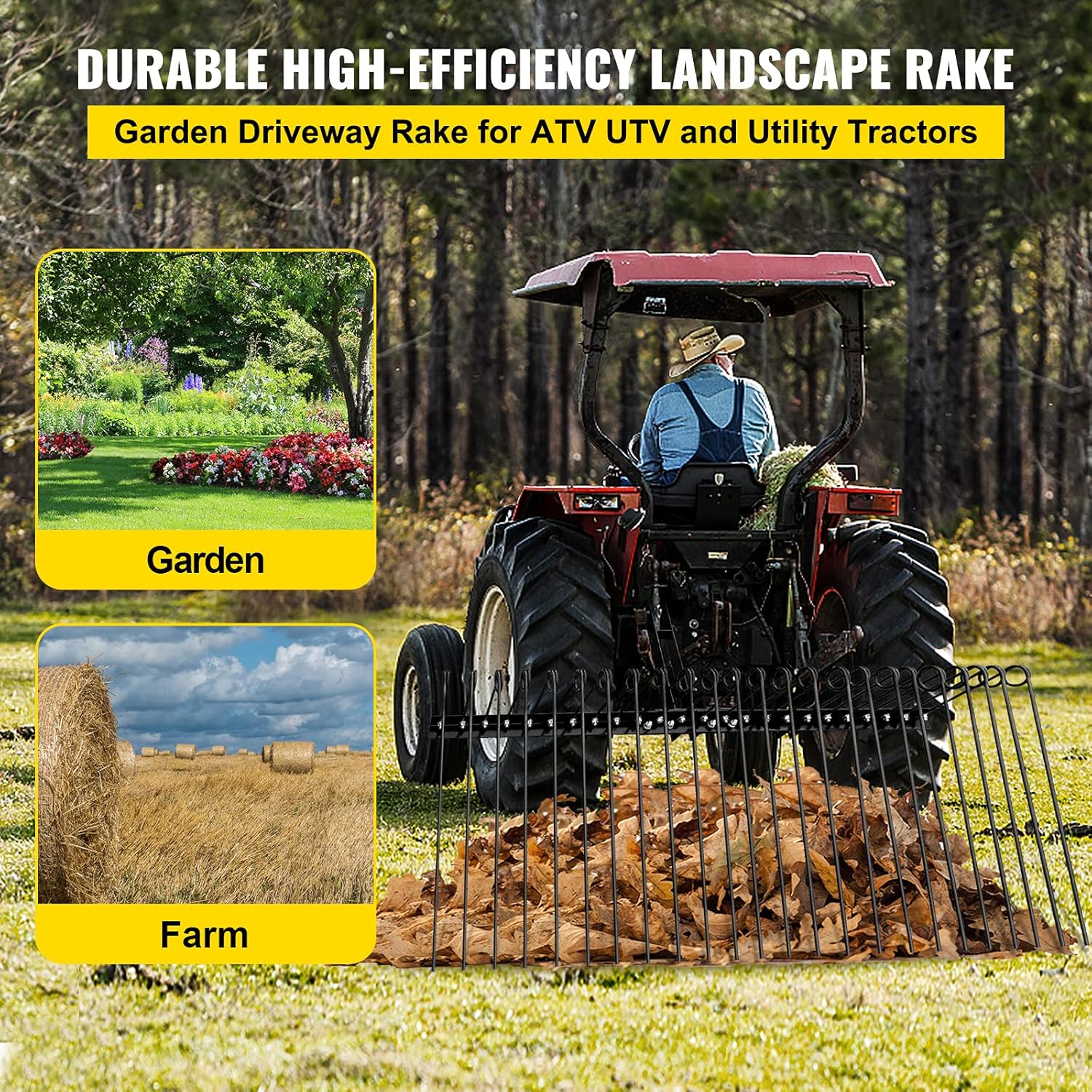VEVOR Landscape Rake, 60 Inch Wide Tractor Rake, 3-Point Tow Behind Rake with 25.6 Inch Spring Tines, Black Pine Straw Needle Rake Dethatcher, Garden Driveway Rake for ATV UTV and Utility Tractors