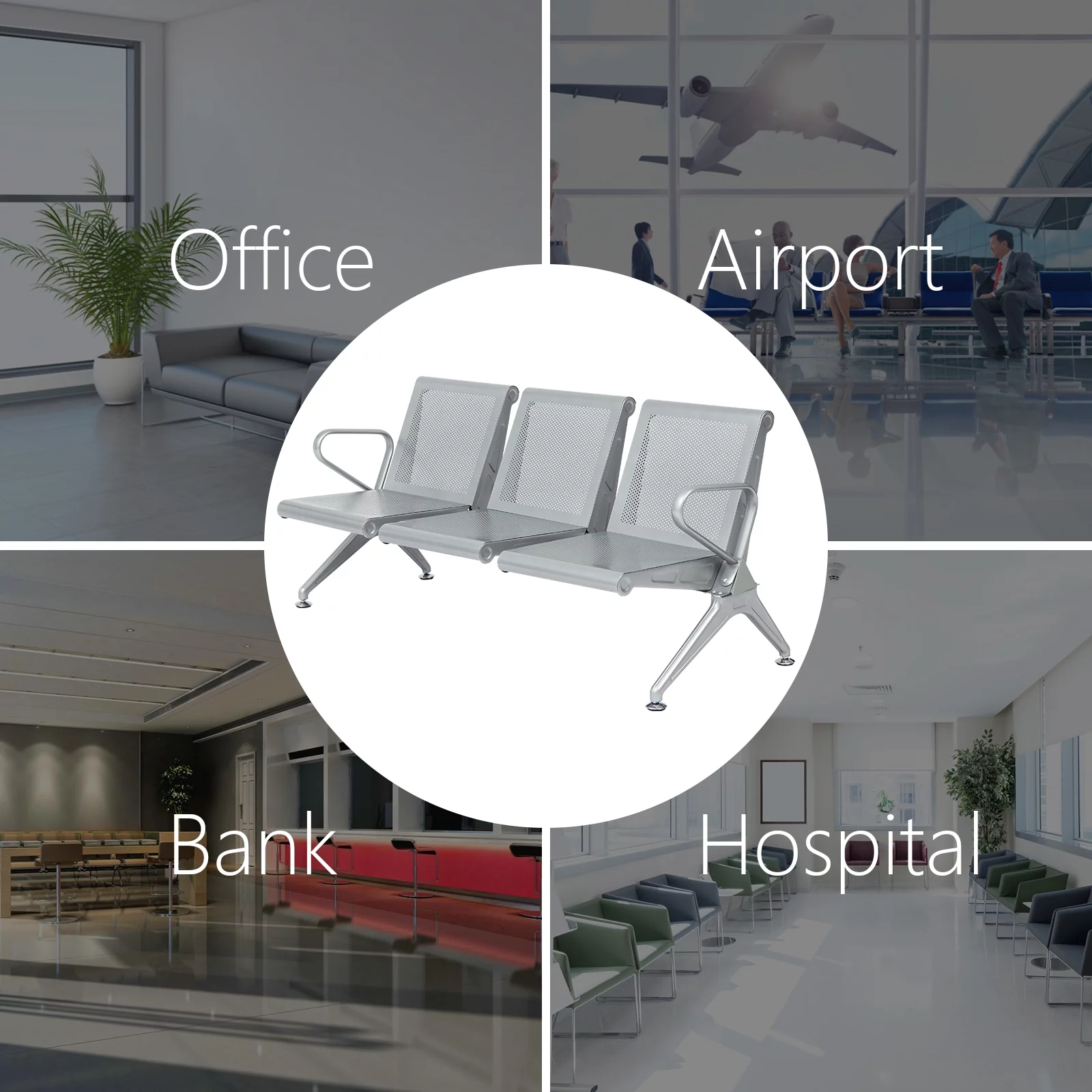 Kinbor 3-Seat Office Guest Waiting Chair Bench with Steel Frame for Bank Airport Conference Home, Silver