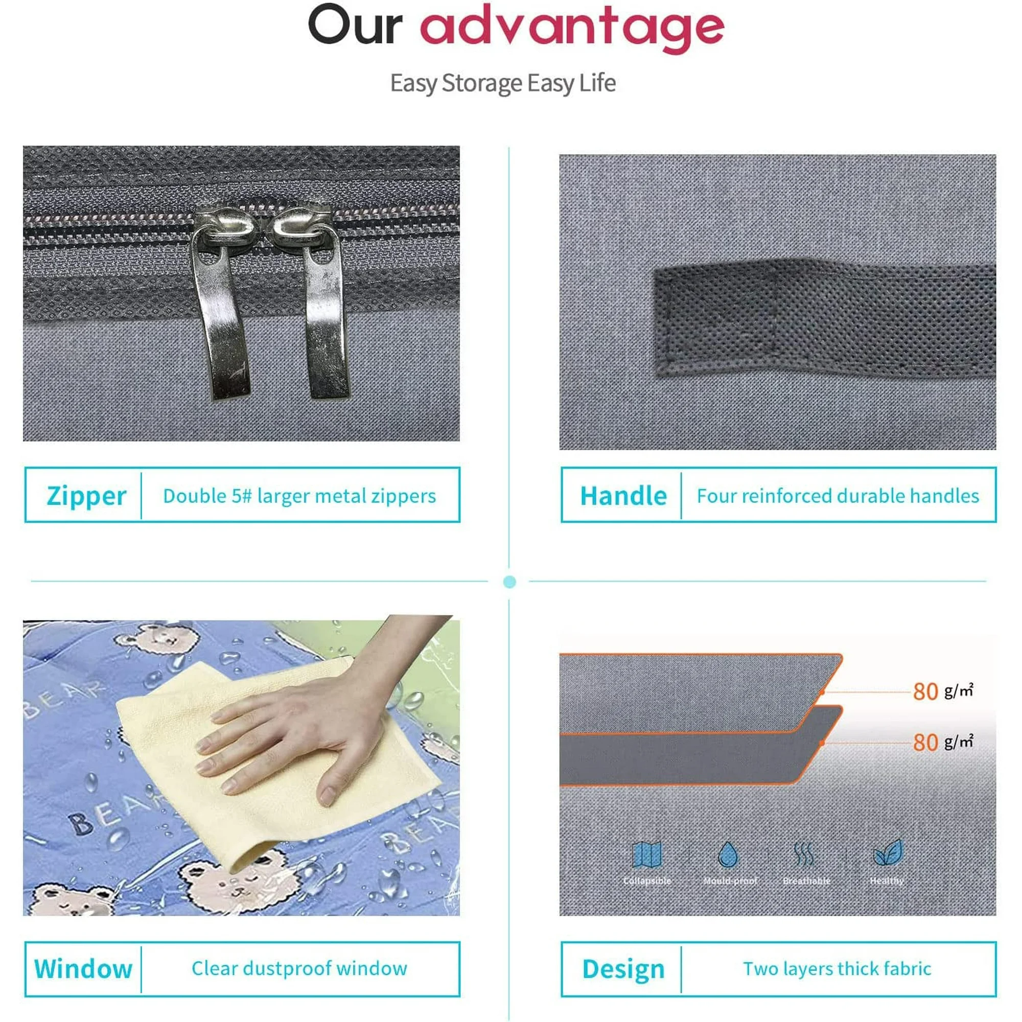 Foldable Underbed Bags - Blankets Clothes Comforters Storage Bag Breathable Zippered Organizer for Bedroom with Clear Window