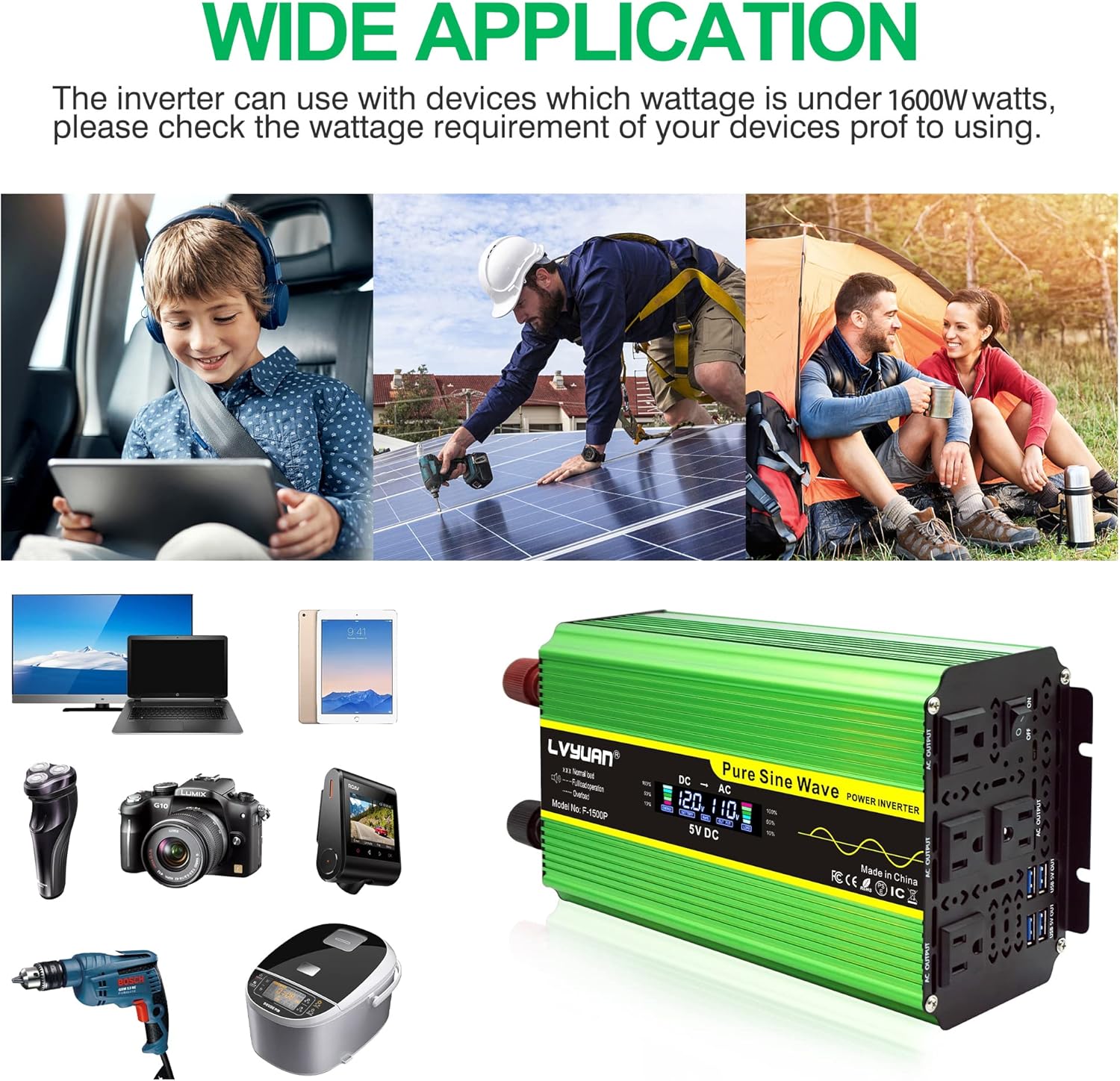 LVYUAN Pure Sine Wave Inverter 1600 Watts Inverter 12V to 110V DC to AC with Remote Controller, LCD Display 4 AC Sockets and 4 USB Ports for Car Truck Solar Power (PSW1600W-GREEN)