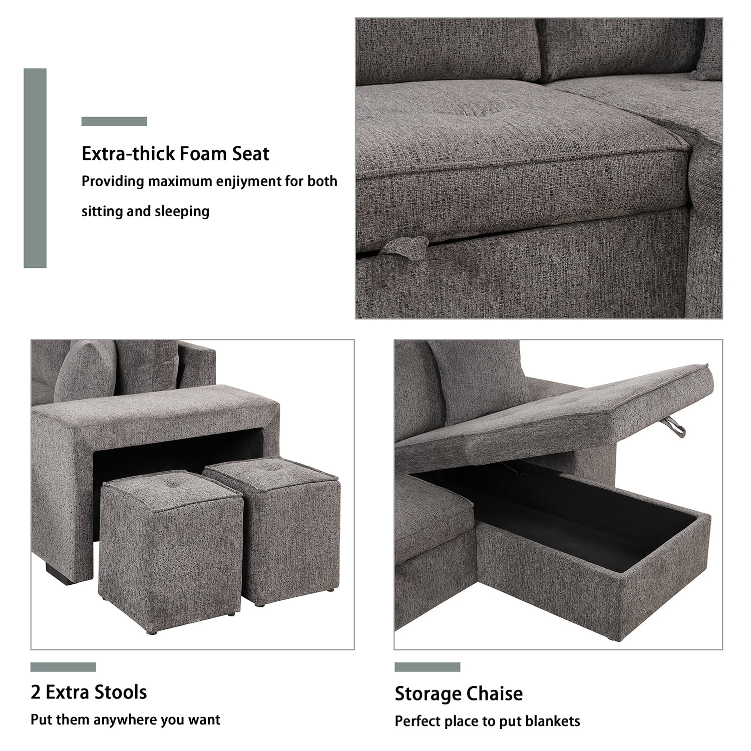 Churanty 104" Reversible Sectional Couch with Pull Out Bed,L Shape 3 Seat Sleeper Sofa with Storage Chaise and 2 Stools for Living Room,Knox Charcoal