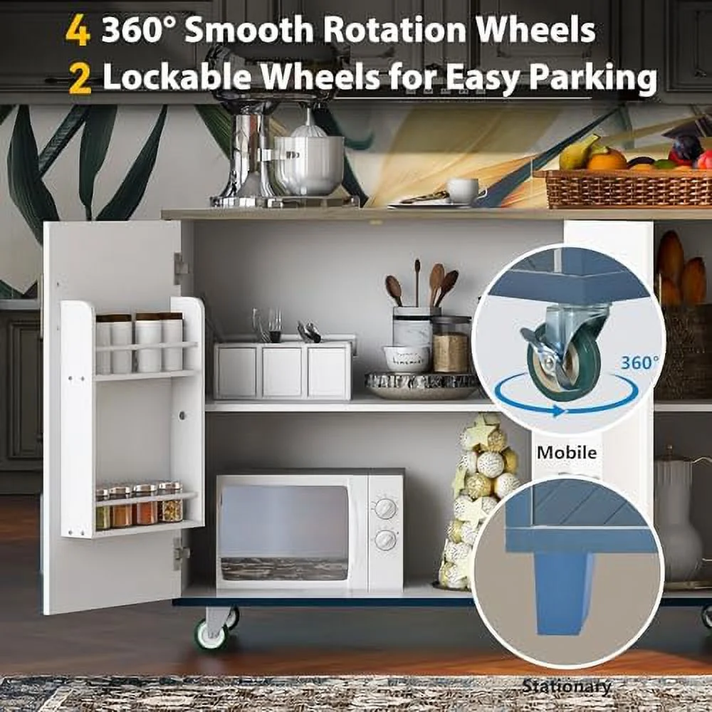 RUNFAYBIU Rolling Kitchen Island with Power Outlet Kitchen Island with  and Wheels  Rolling Kitchen Cart Cabinet with Shelves Drawer and Large Solid Wood Drop Leaf Desk Top