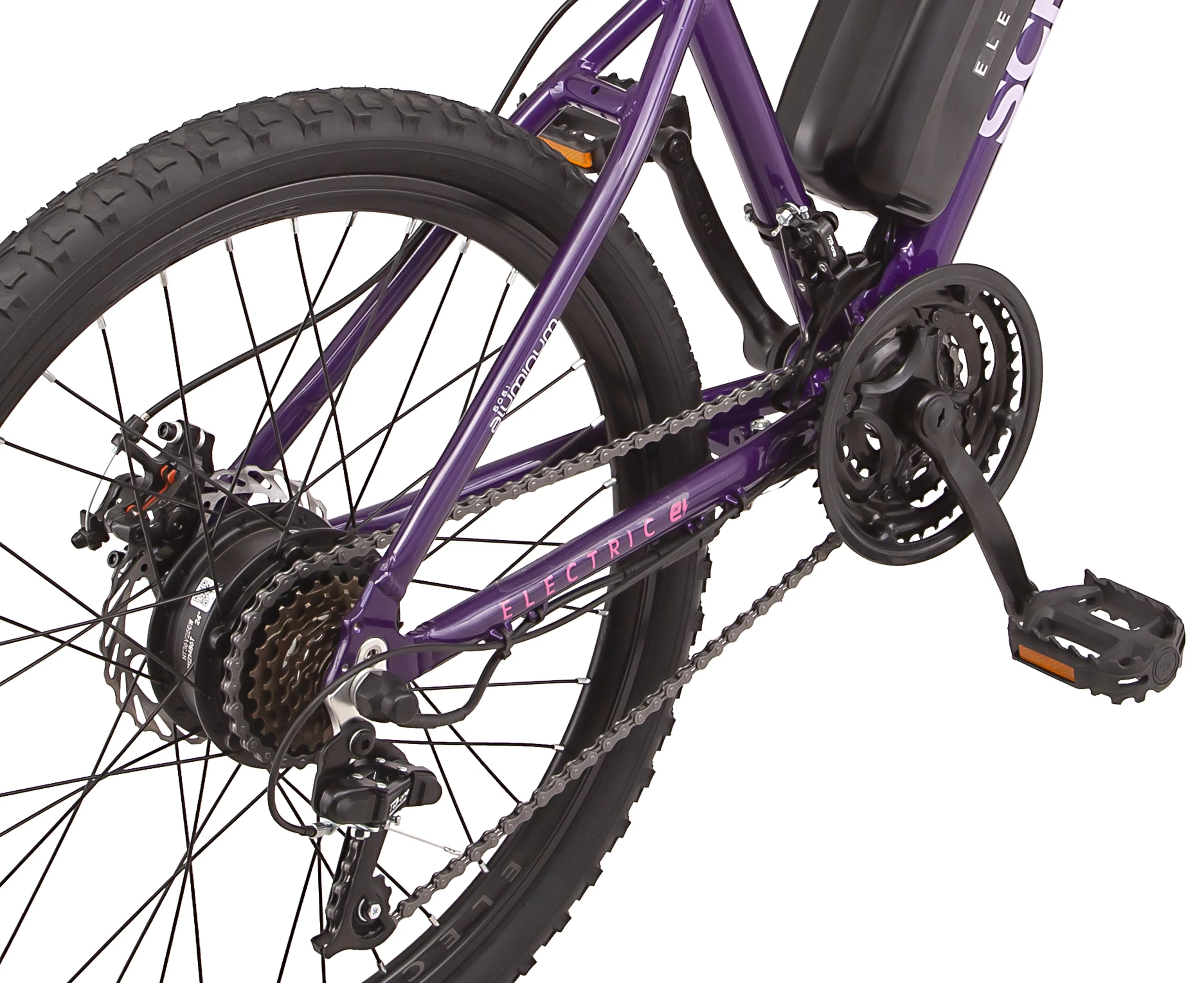 Schwinn 24" Boundary Electric Mountain Bike for Adults, 7 Speeds, 250w Ebike Motor, Purple