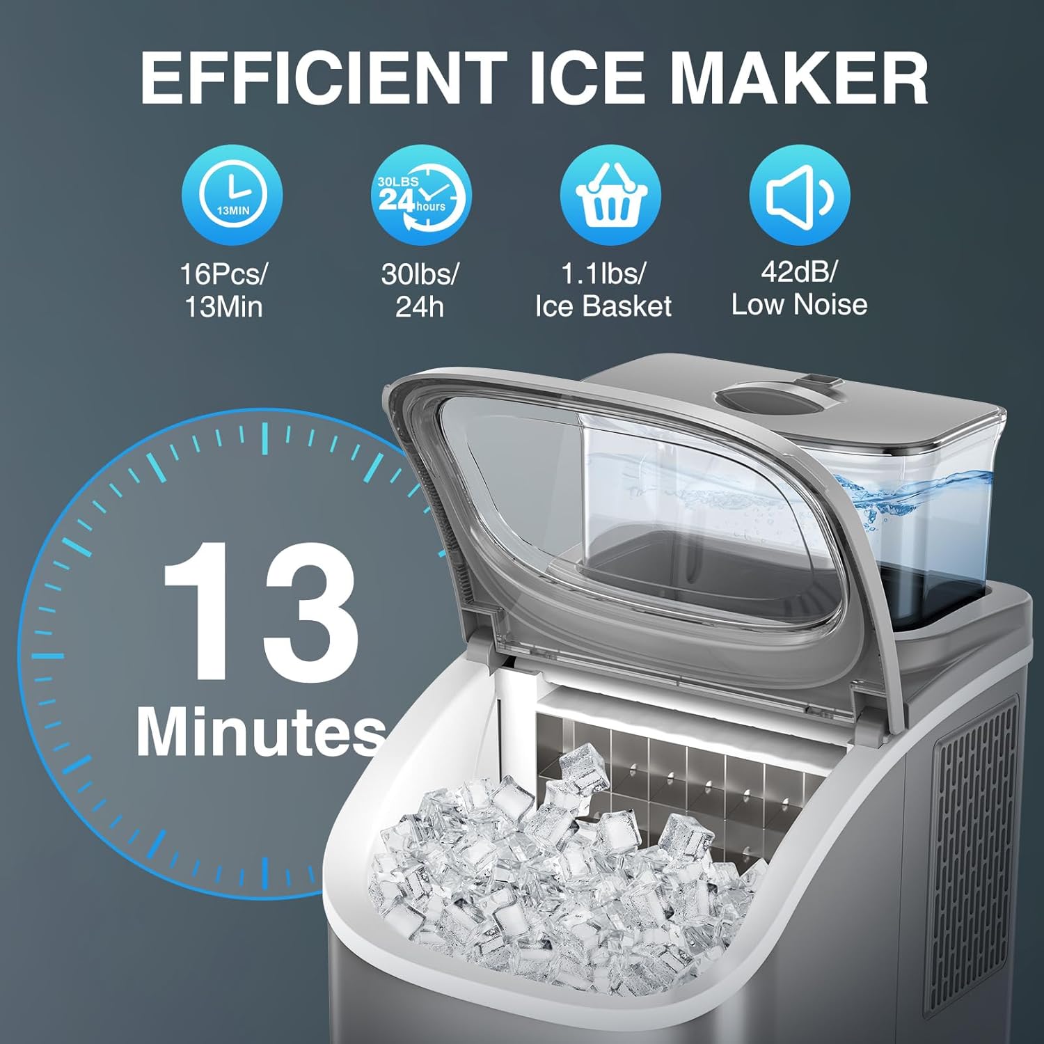 COWSAR Countertop Ice Maker, 30LBS/24H Portable Ice Machine with Top External Water Tank, Self-Cleaning Function, 16 pcs Ice Cube/13 Mins, Ice Scoop and Basket Perfect for Home, Party, Office, Gray