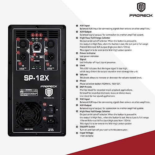 PRORECK SP-12X Active Powered PA DJ Subwoofer Cabinet 12 inch 1000W P.M.P.O with Class-D Amplifier, 3 DSP Presets-Monitor, Bass Reinforcement, Black, for Wedding, Party, Concert, Church (One Sub)