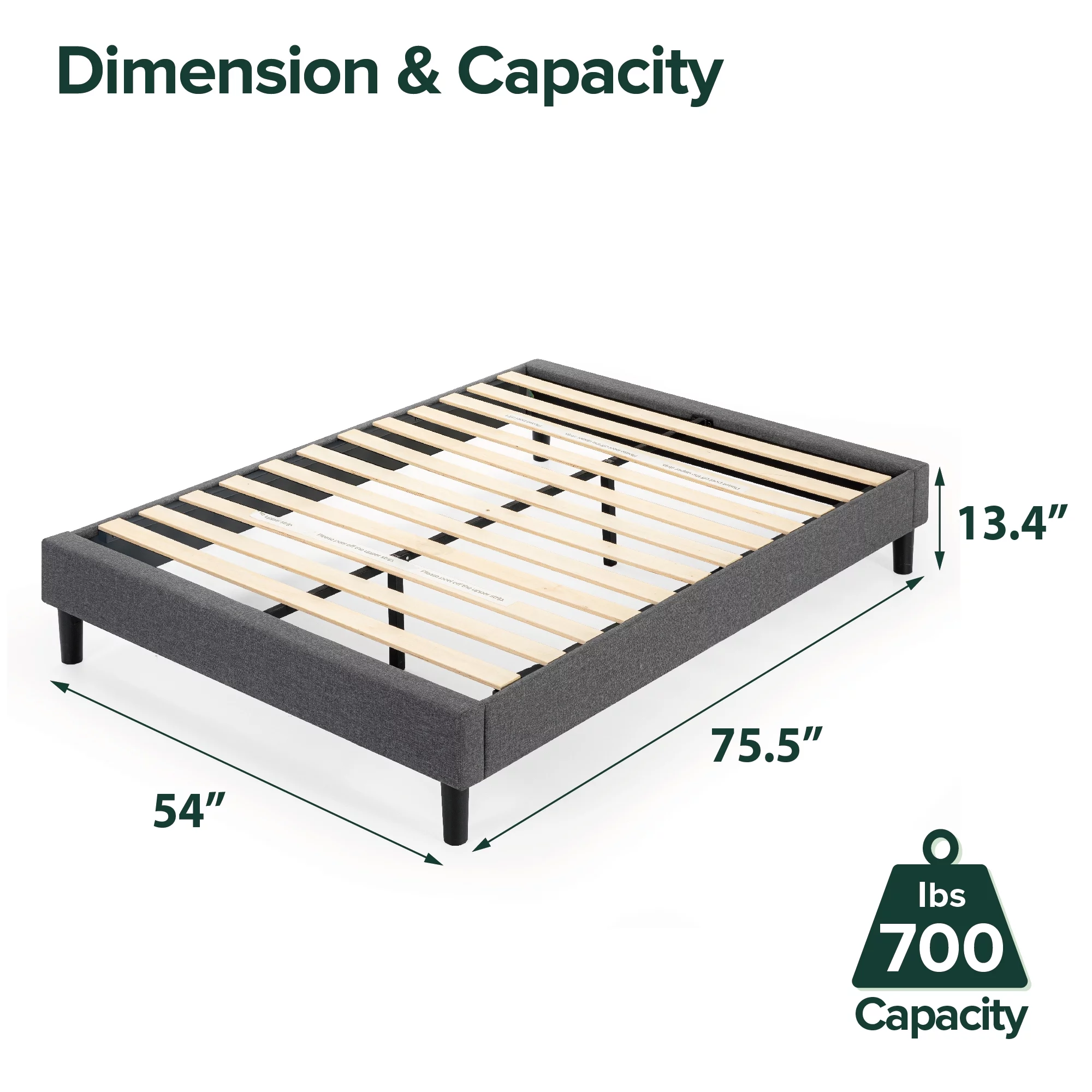 Zinus Curtis 13" Upholstered Platform Bed Frame, Grey, Full