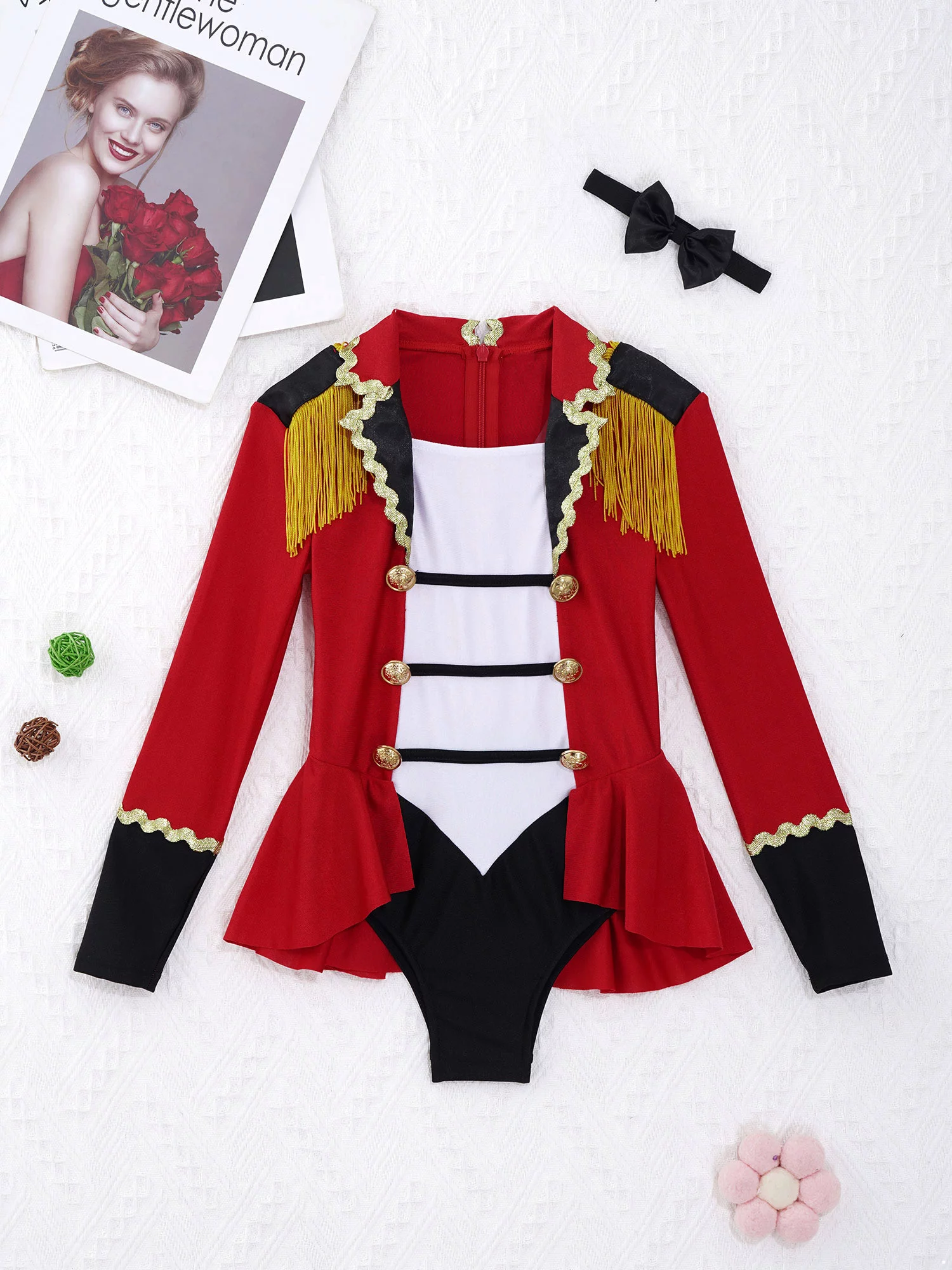 TiaoBug KIds Girls Ringmaster Circus Costume Long Sleeve Tassel Tailcoat Leotard Bodysuit with Bow Tie Hat Magic Wand Gloves Red 10 - Curated Treasures Market