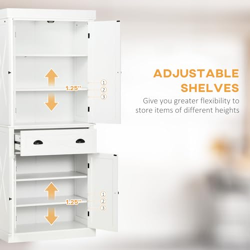 HOMCOM 72" Kitchen Pantry Storage Cabinet, Traditional Freestanding Cupboard with 4 Doors and 3 Adjustable Shelves, Large Central Drawer, X-Frame, White