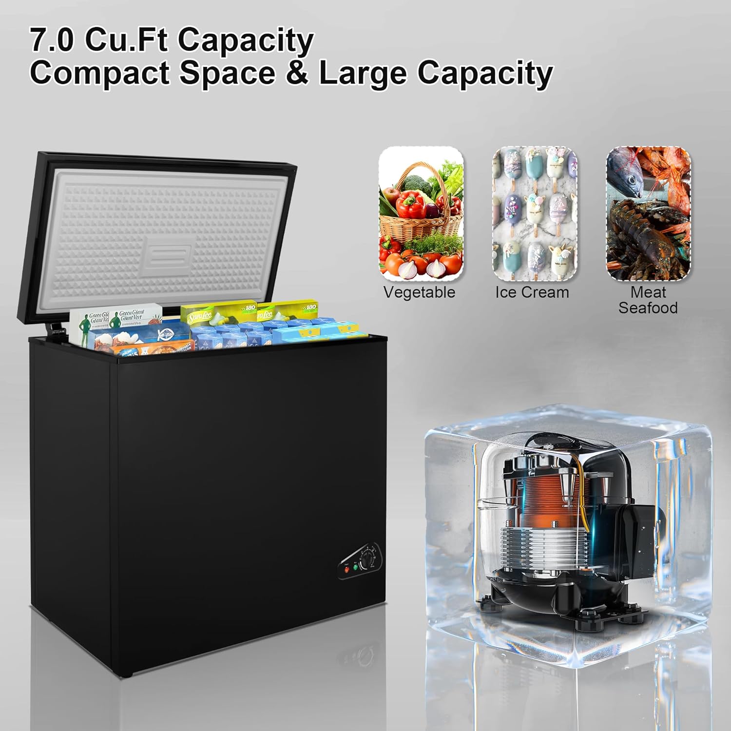 7.0 Cubic Feet Chest Freezer, Deep Freezer with Removable Basket, 7 Adjustable Thermostat, Easy Defrost Drain, Compact Small Freezers Free Standing Top Open Door for Homes