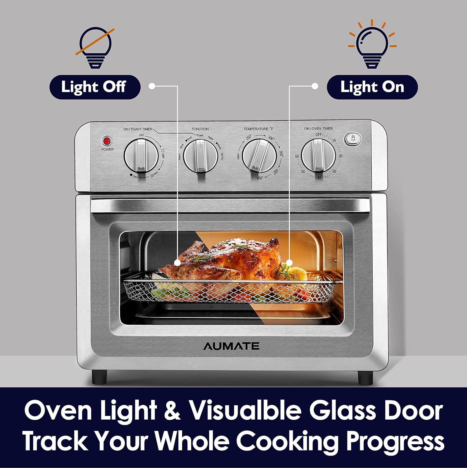 Countertop Convection Toaster Oven, AUMATE Kitchencore 7-in-1 Air Fryer Toaster Oven, Knob Control Pizza Oven with Timer/Auto-Off, 4 Accessories and Recipe Included, 19 QT, 1550W, Stainless Steel