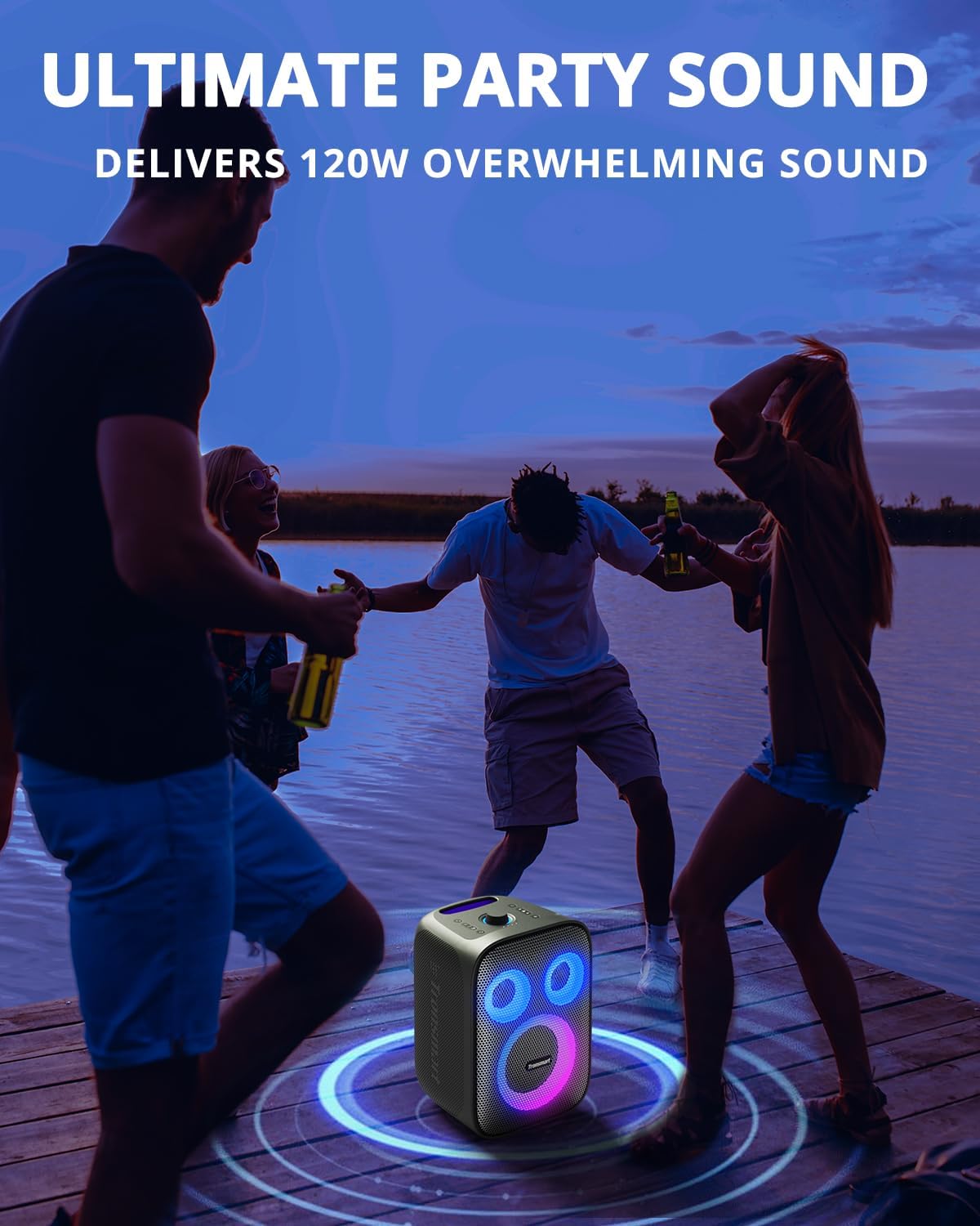 Tronsmart Halo 200 Bluetooth Speaker(No Microphone), Loud Speaker with Powerful Sound and Deep Bass, Party Sync, 5 Lighting Modes, Custom EQ &Lights, 18H Playtime, Supports Mic & Guitar for Party