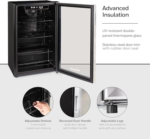 Honeywell Beverage Refrigerator and Cooler, 48 Can Mini Fridge with Glass Door for Soda Beer or Wine for Office or Bar with Adjustable Removable Shelving