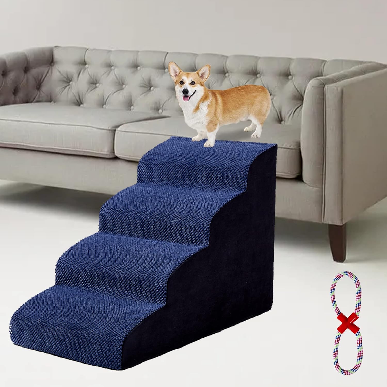 MALOROY 2 Tiers Foam Dog Ramps, Dog Ladder Pet Ramp Stairs Non-Slip Pet Step for Older Dogs and Pets with Joint Pain, Sofa Bed Ladder for Cats（Navy Blue）