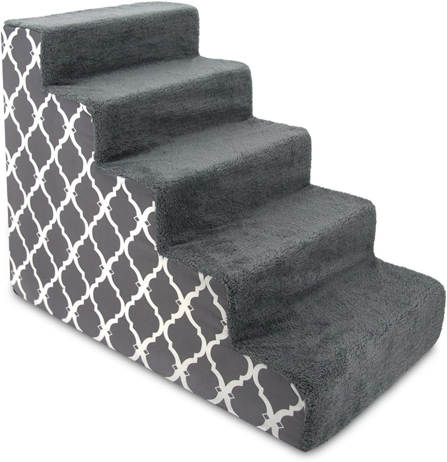Best Pet Supplies Pet Steps and Stairs with CertiPUR-US Certified Foam for Dogs and Cats - Gray Lattice Print, 5-Step (H: 22.5) Pack of 2