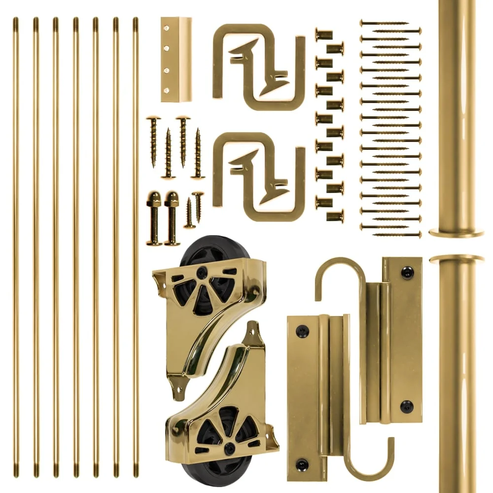92 in. Un-Finished Maple Library Ladder Polished Brass Sliding Hook Ladder Kit with 8 ft. Rail