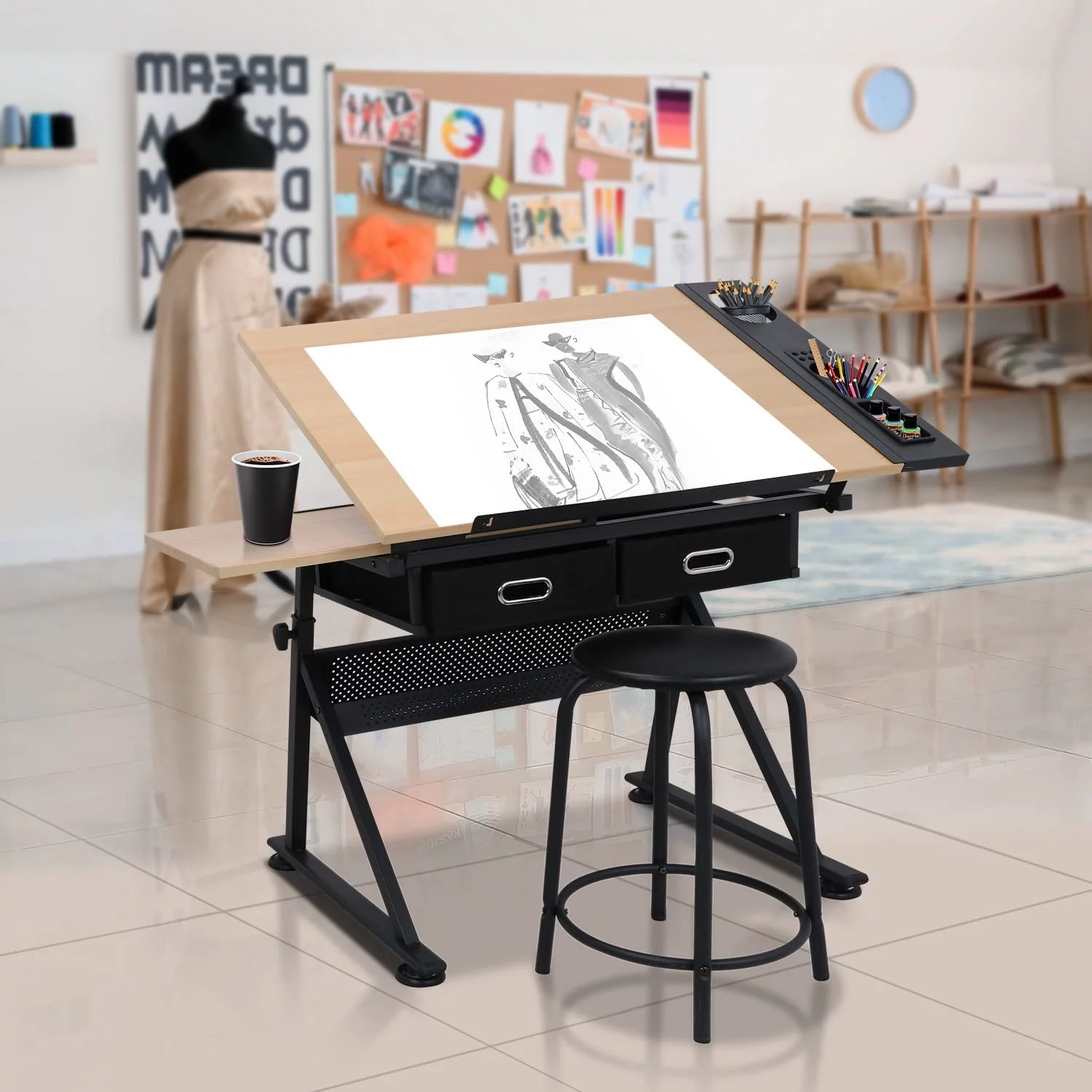 Drafting Table Art Desk Drawing Table Height Adjustable Artist Table Tilted Tabletop w/Drafting Stool and Storage Drawer for Reading, Writing, Crafting, Painting Art