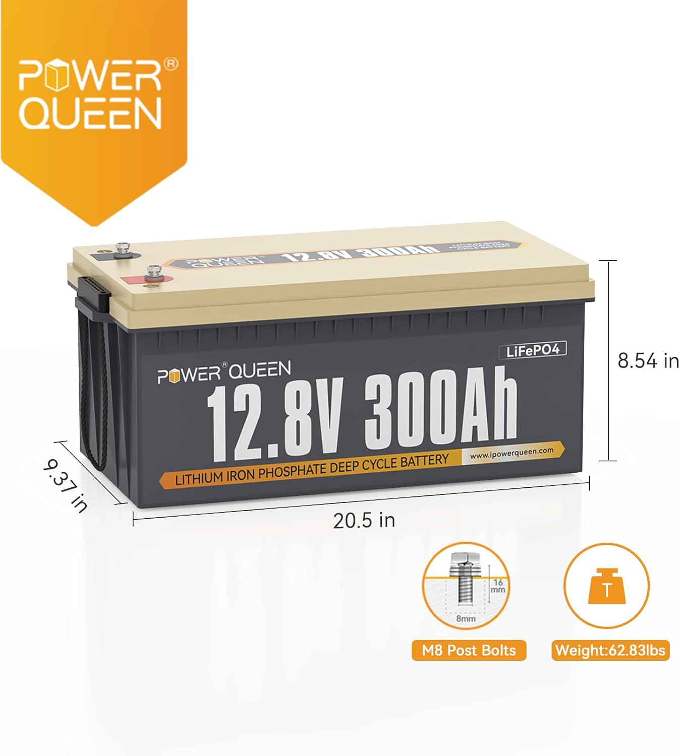 Power Queen 12V 300Ah 3.84kWh LiFePO4 Lithium Battery, Built-in 200A BMS, 2560W Power Output, Max. 61.44kWh Energy Expansion, 4000+ Deep Cycles, 10-Year Life, Perfect for Solar, RV, Marine, Off-Grid